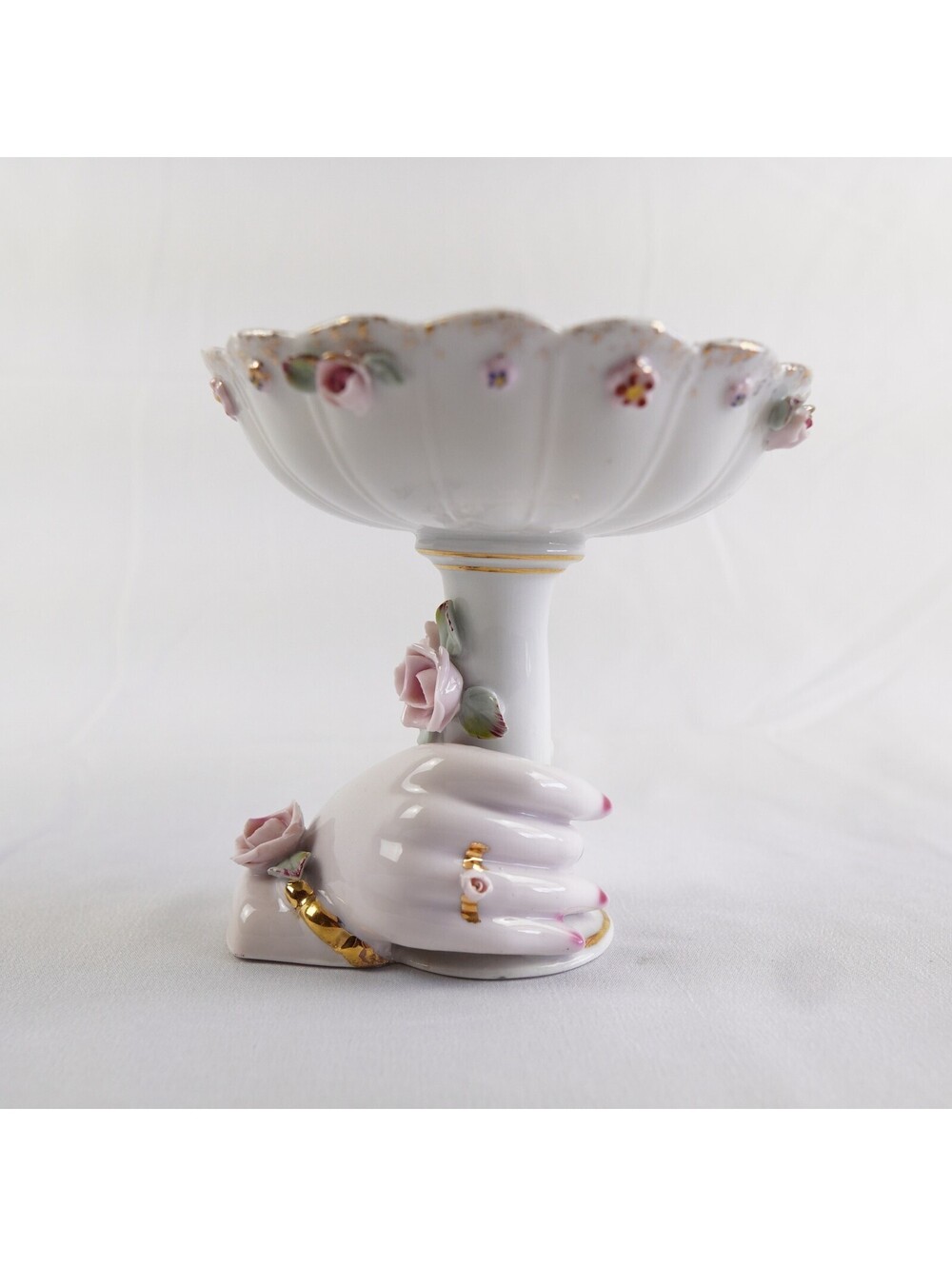 Vintage Bone China Victorian Pedestal Trinket Jewelry Dish Figural Coquette